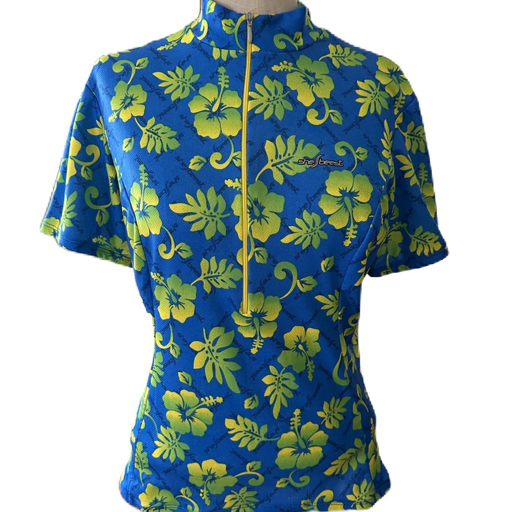 She Beest Women’s Cycling Jersey Blue Hawaiian Print Zip Up. Size medium